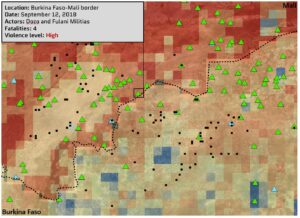 Map of Mali Burkina Faso border showing violent outbreaks.
