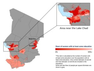 Head map of women's educational attainment in Chad, showing share of women with some education