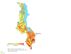 Map of Malawi showing areas vulnerable to climate change