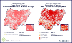 Side by side maps showing the proportion of women in nigeria who are food insecure according to national average and according to Fraym's adjusted modeling