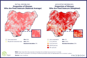 Side by side maps showing the proportion of women in nigeria who are food insecure according to national average and according to Fraym's adjusted modeling