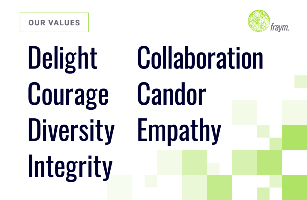 Our Values: Delight, Collaboration, Courage, Candor, Diversity, Empathy, and Integrity