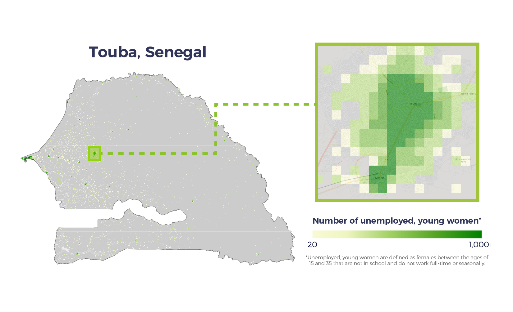 Touba, Senegal map of unemployed women