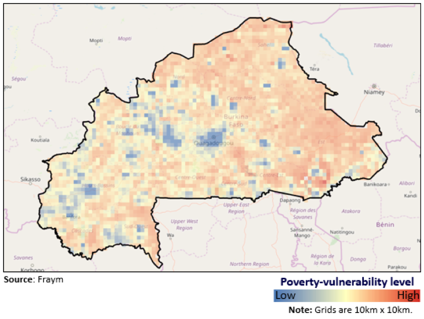 Map showing Fraym’s vulnerability and poverty indices to identify where Burkina Faso’s most vulnerable communities reside in Burkina Faso