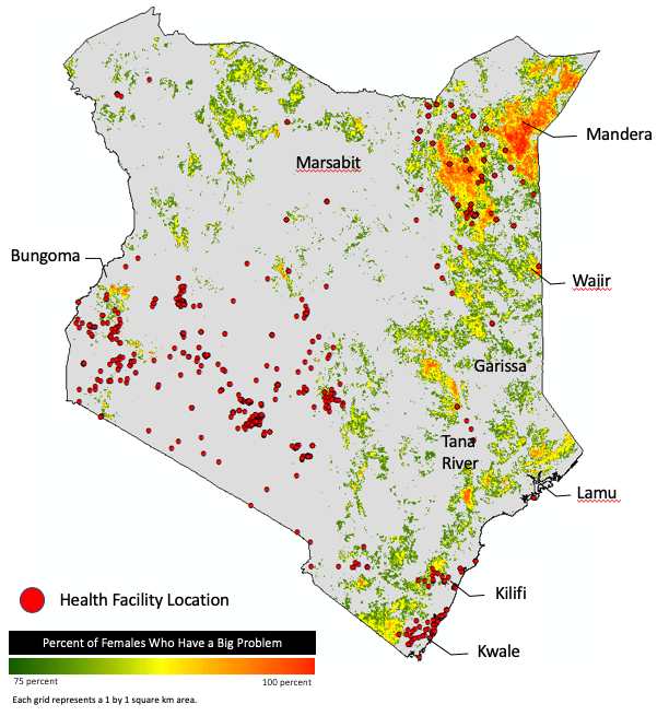Heat map of Kenya Showing Women Who Face Obsticals to Getting Medial care