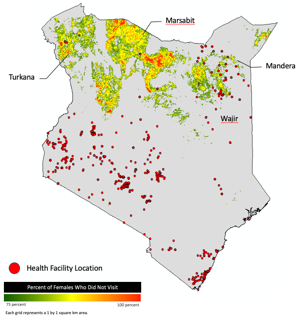 Map showing women in Kenya who did not visit a health facility in 2015