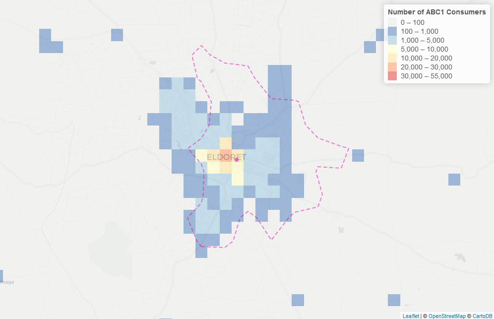 Map of Eldoret, Kenya showing catchment area of consumers within close driving distance