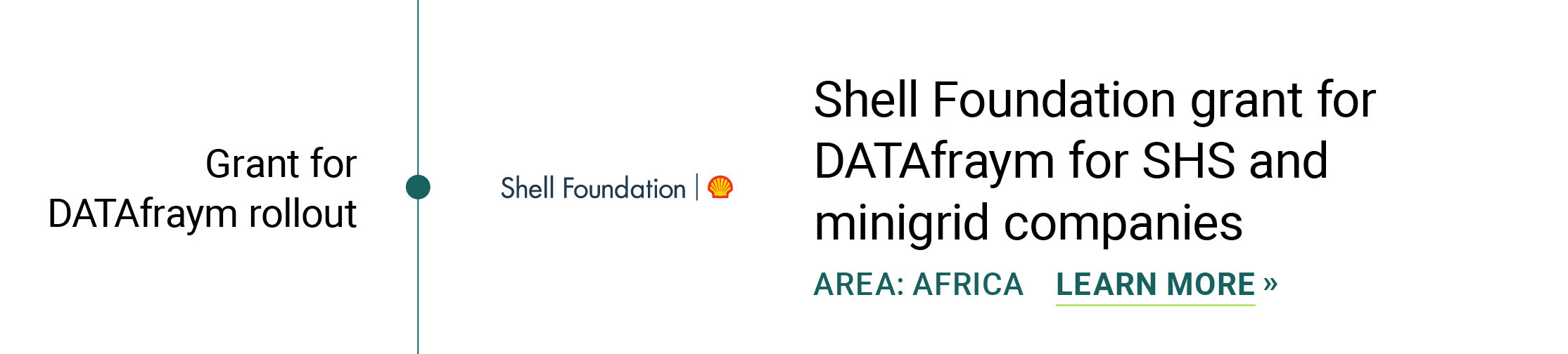 June 2019 Shell Foundation grant for DATAfraym for SHS and minigrid companies Shell Foundation Africa Shell Foundation grant for DATAfraym rollout to support energy access in Sub-saharan Africa