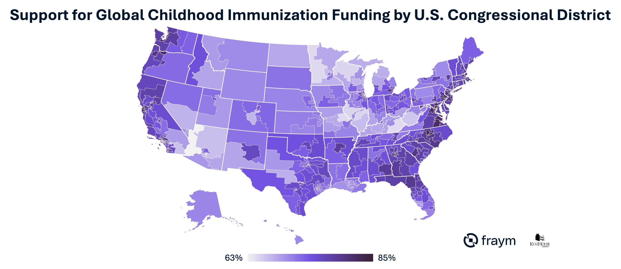 Map of U.S. congressional districts shaded by share of adults supporting global health program funding, ranging from under 57% to over 70%