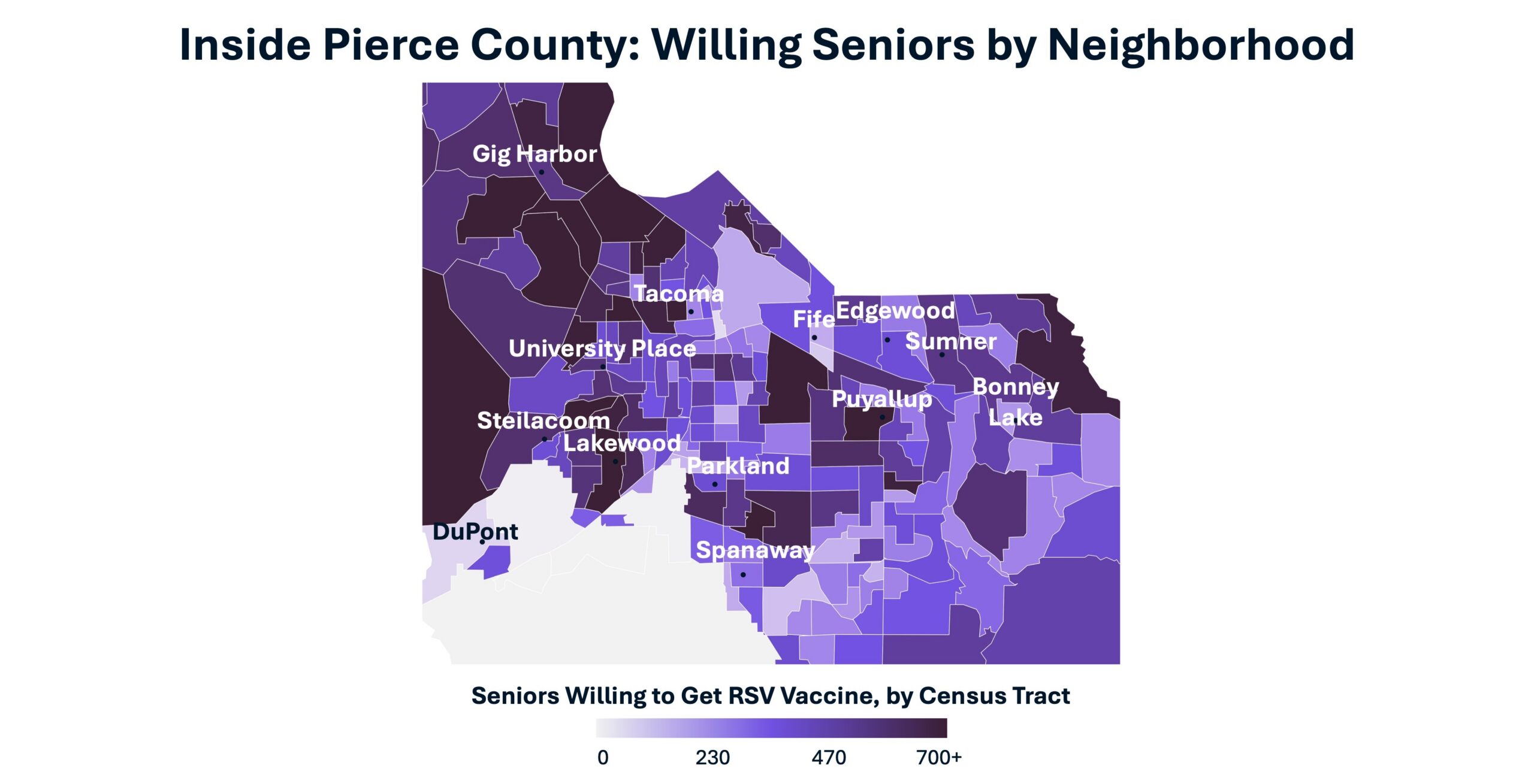 Census tract map of Pierce County, Washington showing willing seniors clustered in specific neighborhoods around Tacoma